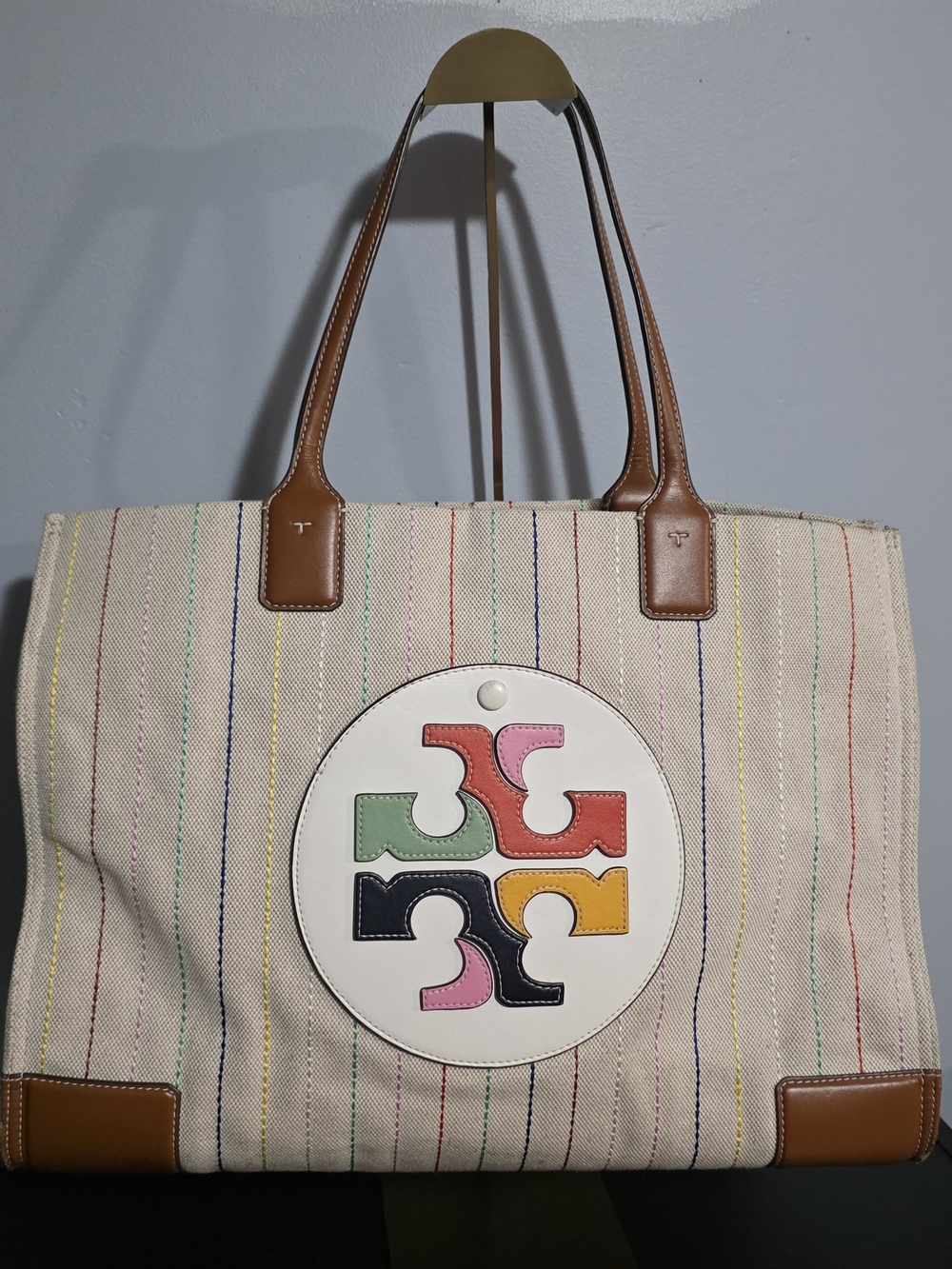 Tory Burch Striped Canvas Tote with Colorful Logo Medallion